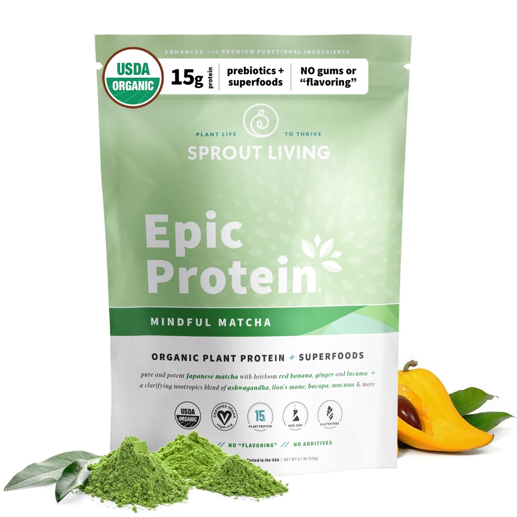 Sprout Living Epic protein, Plant 基于蛋白和超食品粉, 注意 Matcha QQ 17 格拉姆 有机蛋白粉, Vegan, 非GMO, Gluten Free, 适应原体 + Nootropics(1英镑, 12种服务)