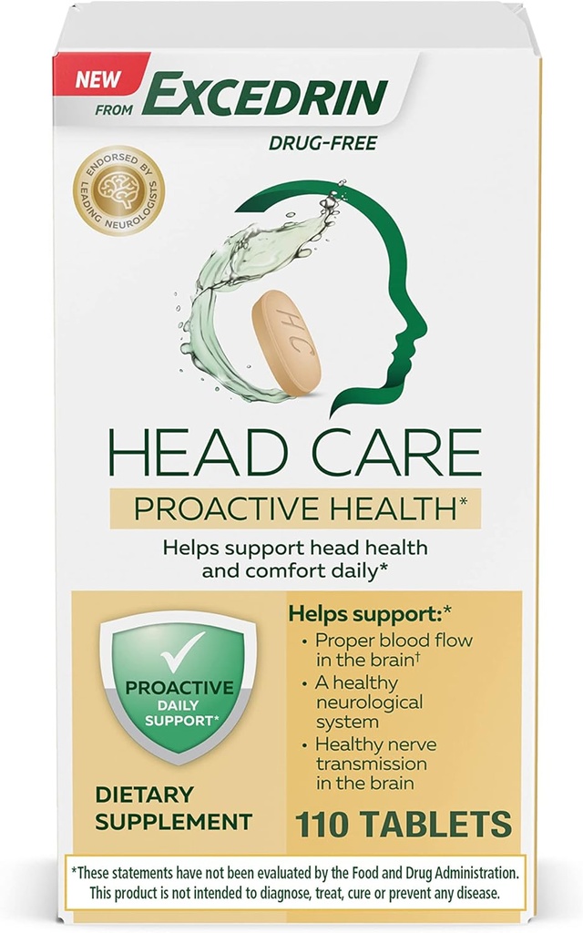Excedrin Head Care 主动健康与镁, Riboflavin, 维生素B6, 叶酸和维生素B12, 饮食补充支持头部健康与舒适日报-110 Counter