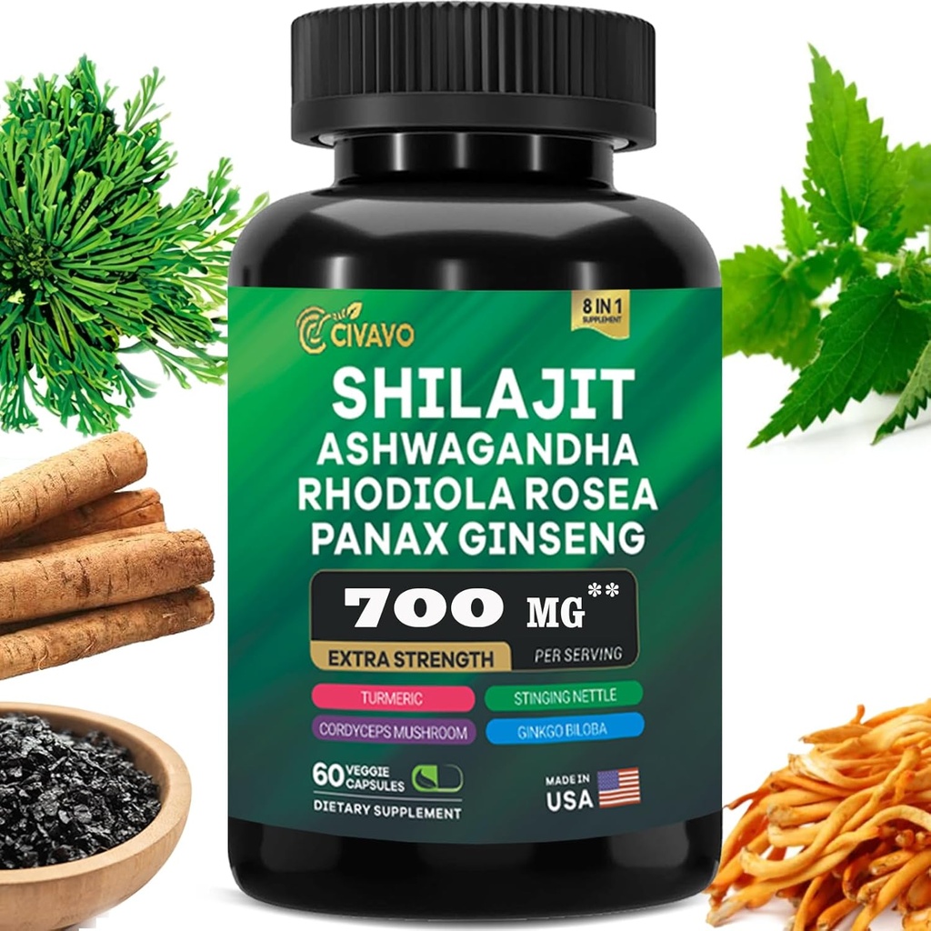 Shilajit Pure Himalayan 9000MG、Ashwagandha 2000MG、Rhodiola Rosea 1000MG、Panax Ginseng 1500MG、Turmeric 500MG、Gingko Biloba 500MG、Sting Nettle 250MG、Cordyceps Mushroom 500MG