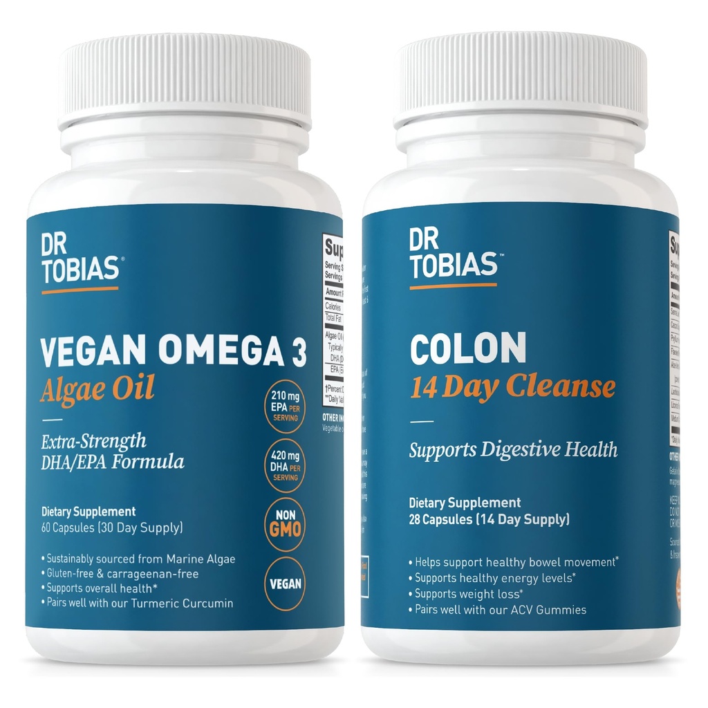 Tobias Vegan Omega博士 3 Algae Oil和Colon 14日清洁,以改善消化、Gut和免疫支持以及整体健康