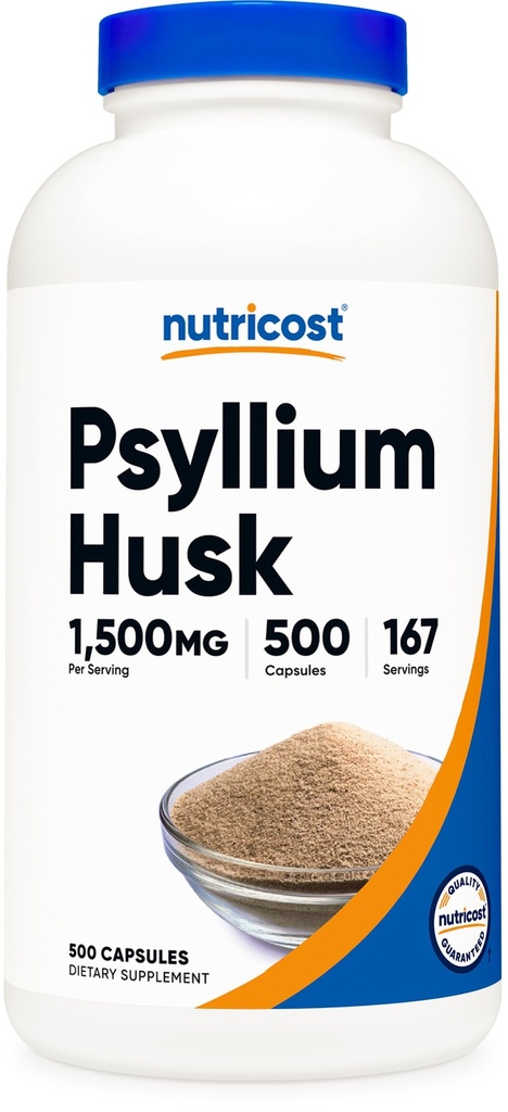 营养成本 Psyllium Husk 1500mg Pervice, 500 capsules - 非 GMO & Gluten 免费