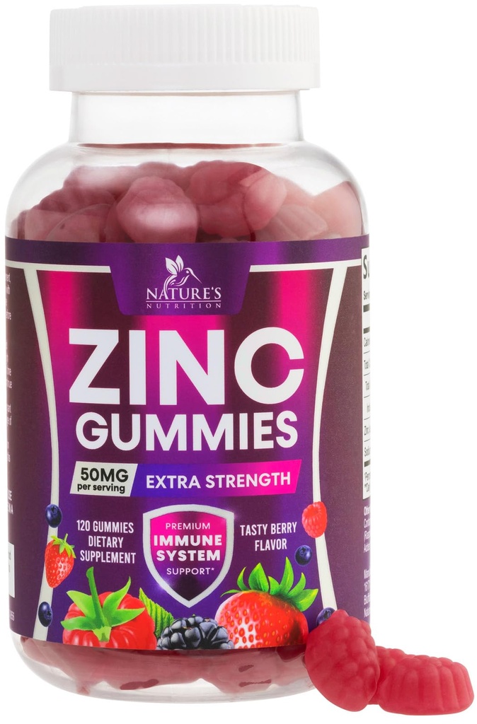 锌类固醇50mg - Bone Skin & Immune支持健康 Gummy & Premium Antioxidant Chewable for Adults - 高吸收维冈,Gluten Free Zinc 补充维生素 - Tasty Berry Flavor - 120 Gummys