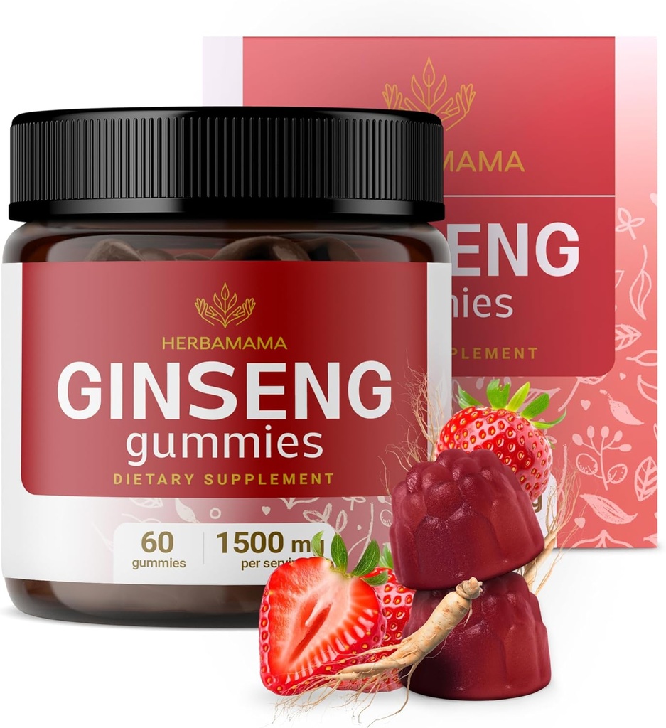 HERBAMAMA Panax Ginseng Gummys - 1500mg 韩国红金森根用于能源支持 - Vegan,非GMO红金森Immune支持补充 - 60 Pectin-基于草莓-香菜