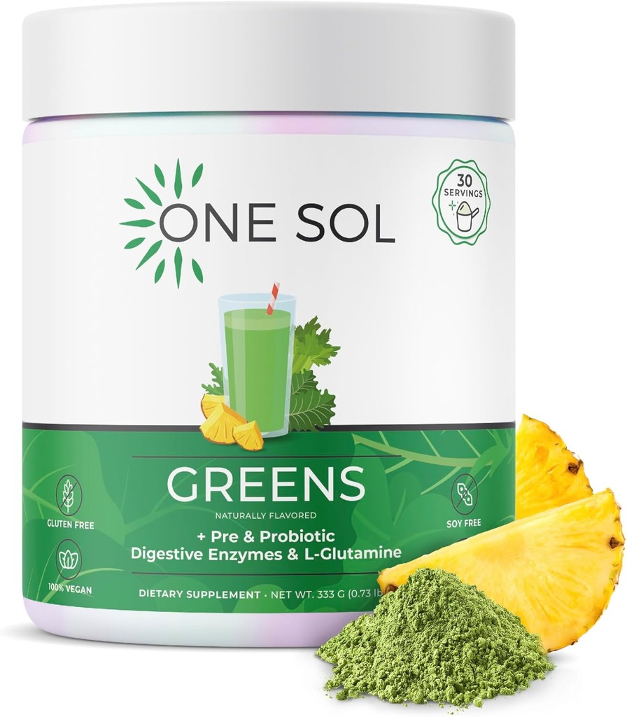 One Sol Greens, 超级绿药减少布局和改善Gut健康, 超级食品新鲜的Bloom 有机绿色 混合汁和平滑的混合, Pre & Probiotic with Digestive Enzymes, Vegan & Soy Free