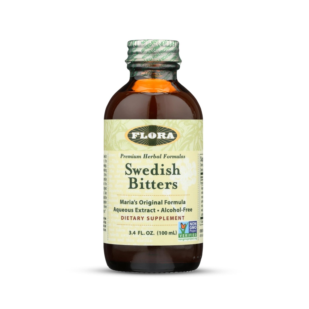 Flora - Swedish Bitters for Digestion, Wolf-Free Bitters help Bloating & Digestion, 玛丽亚的原始公式水分提取, Vegan, Kosher, Non GMO, 3.4-fl. oz. 玻璃瓶