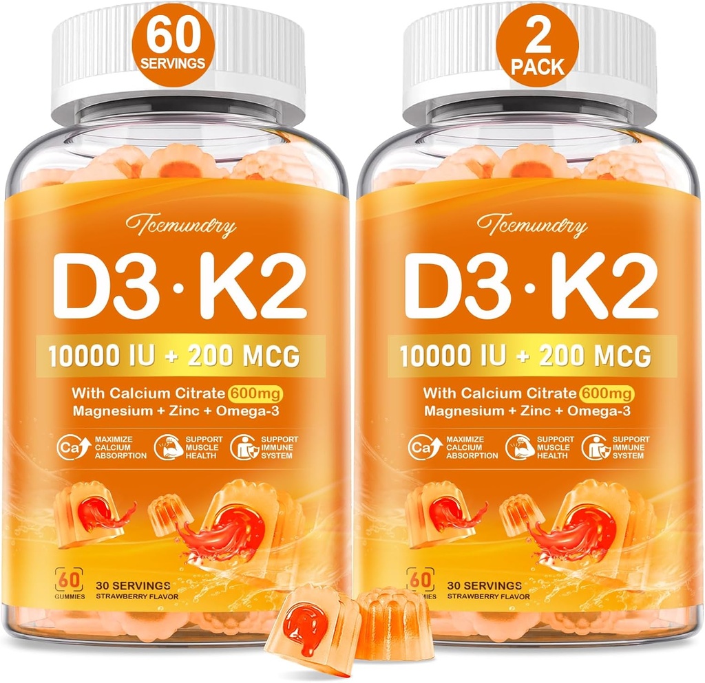 成人维生素D3 K25000IU/1000 IU Gummys - K2 D3 维生素补充剂,配有600mg Calcium,K2(MK-7)200mcg,镁,锌,奥米加-3 - 支持钙吸收和免疫健康