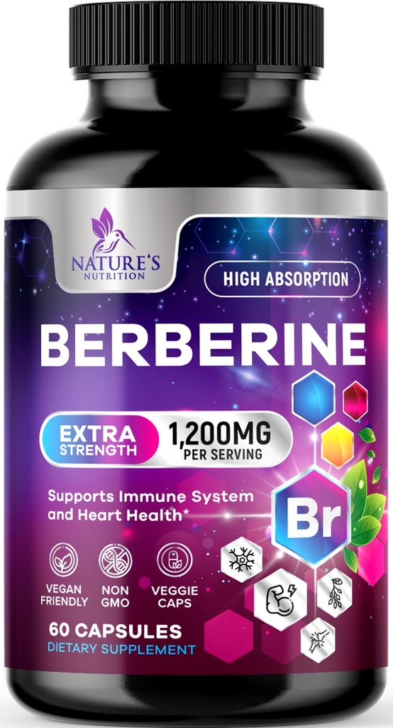 Berberine HCL 1200mg 补充剂 - Berberine HCI Capsules 心脏健康和免疫支持高吸收补充剂,高强度,无Gluten,Vegan,非GMO药 - 60 Veggie Capsules