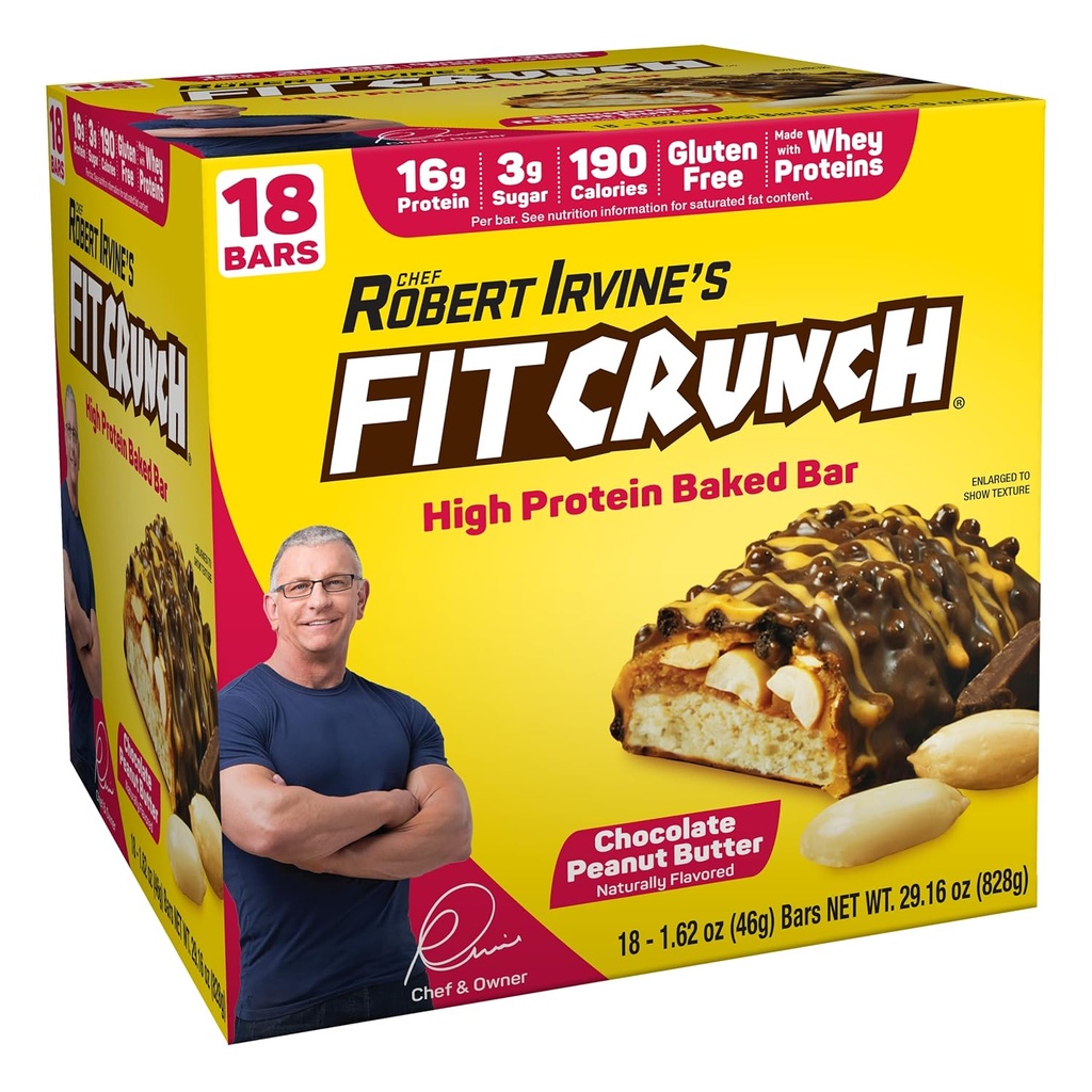 FITCRUNCH Snack尺寸蛋白棒,6-Layer烤肉棒,3克糖和软蛋糕核心(18巴,花生酱)