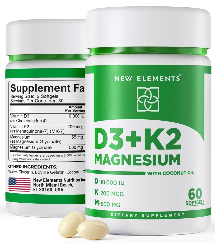 新元素维生素D3 K2 10,000 IU 配有甘化镁500mg - 骨质健康,免疫支持,能源与Mood - 非GMO,无糖,男女无糖软胶(60软胶)