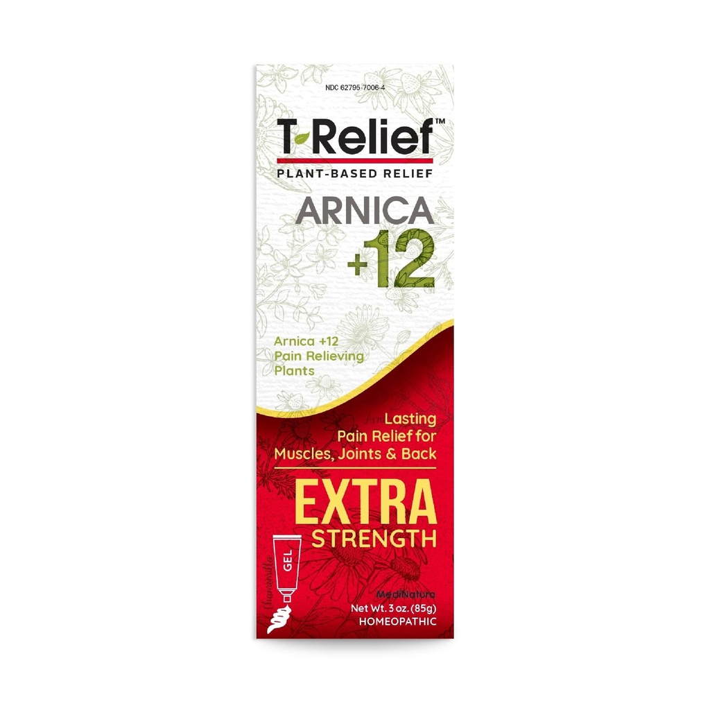 MediNatura T-Relief Extra Strigion Gel Arnica + 12 自然解放活动者 后痛 联合疼痛 肌肉 和 Stiffness 整体身体 快速代理救济 女性和男性 - 3 oz
