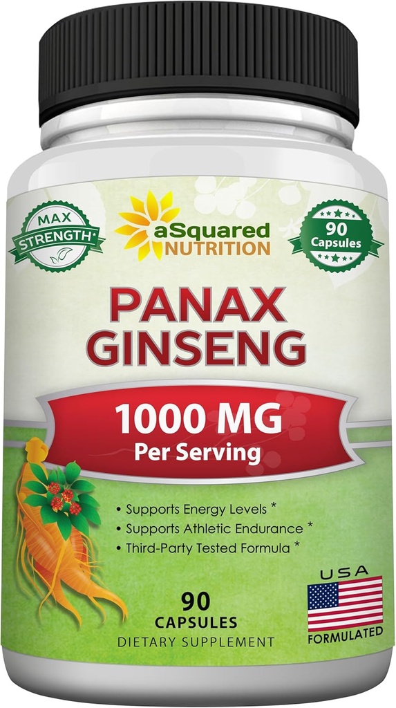 aSquared 营养 韩国天然 Panax Ginseng (1000mg Max streng)-90 Capsules 根提取复合体(红白),种子中的高剂量 Ginsenosides,亚洲粉末补充品,能源的表单药