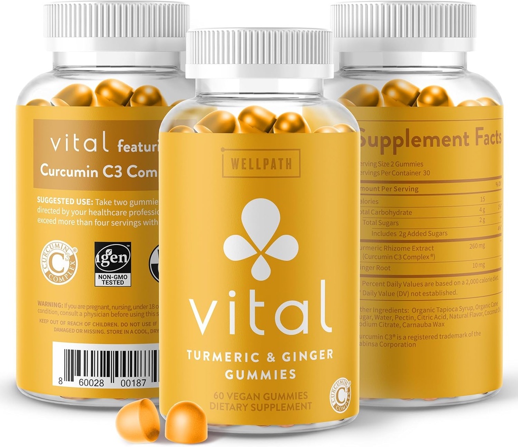WellPath Virtumeric Gummys + Ginger - 联合支持曲霉素补充剂,Turmeric Crucumin C3 复合剂,Capsules的味道替代剂,Turmeric & Ginger Root,Tropical Flavor Chews, Vegan, 60 Ct