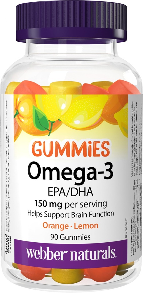 Webber Naturals Omega-3 Gummys 50毫克EPA/DHA − EPA/DHA 橙色 樱桃 柠檬 90毫克 Gummys