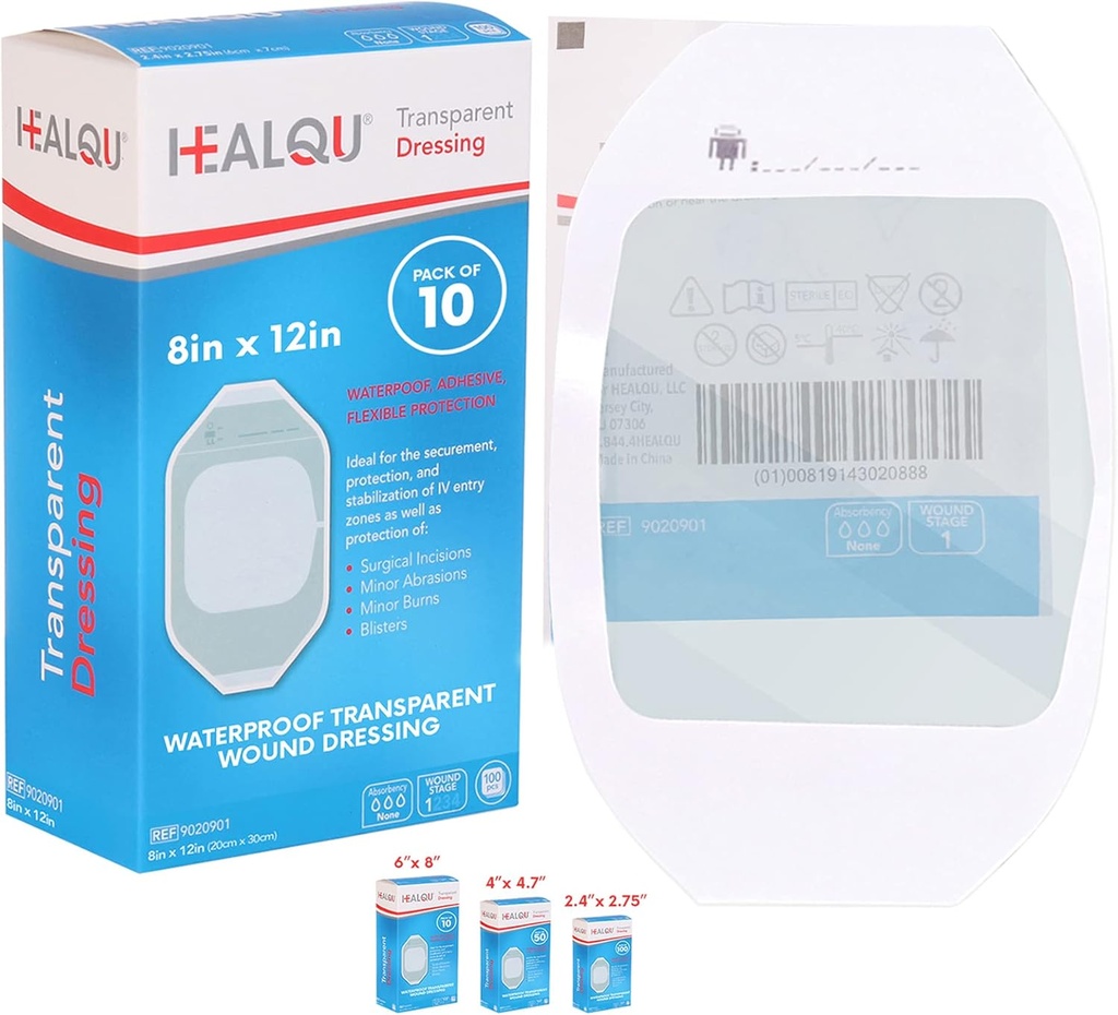 透明胶片穿戴 8"×12"(10 Pack) – 防水胶带用于冲洗后,IV盾,Tattoo aftercare,由HEALQU制作的清澈可呼吸的穿戴补丁