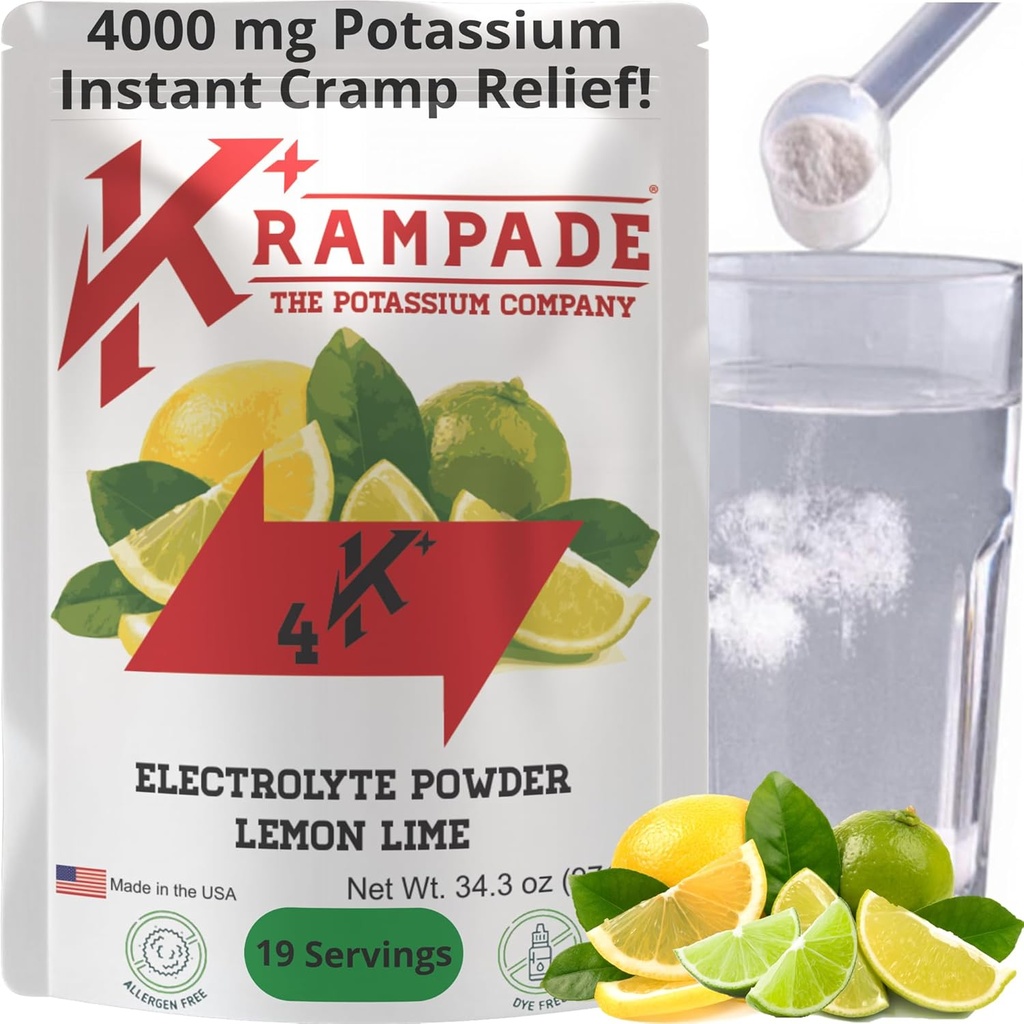 Krampade 原柠檬莱姆4K,4000 mg 钾即时Cramp 减压电解液 饮用粉末 | 设计于运动员和Crampers | 19-Serving Reealable Puch