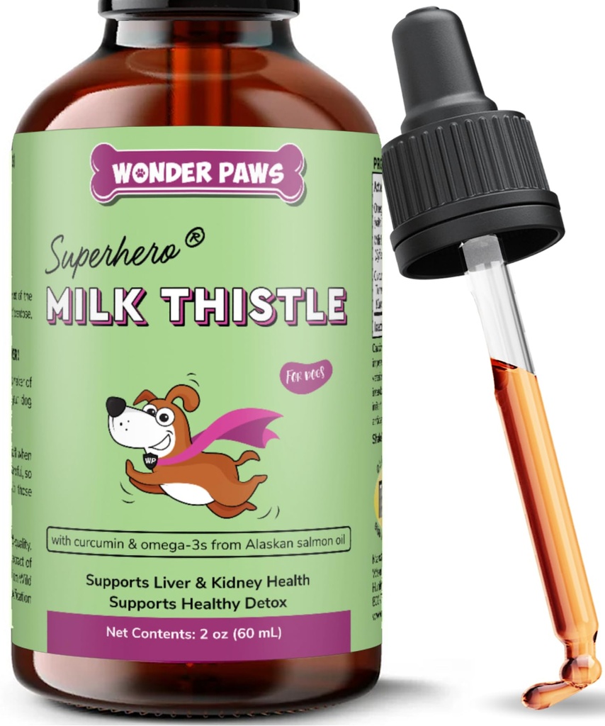 Wonder Paws Milk Thetle,Liver 支持狗,支持宠物的肾功能,Detox,肝支持,与野生阿拉斯加沙门油 & Curcumin,Omega 3 EPA & DHA(2 Oz)