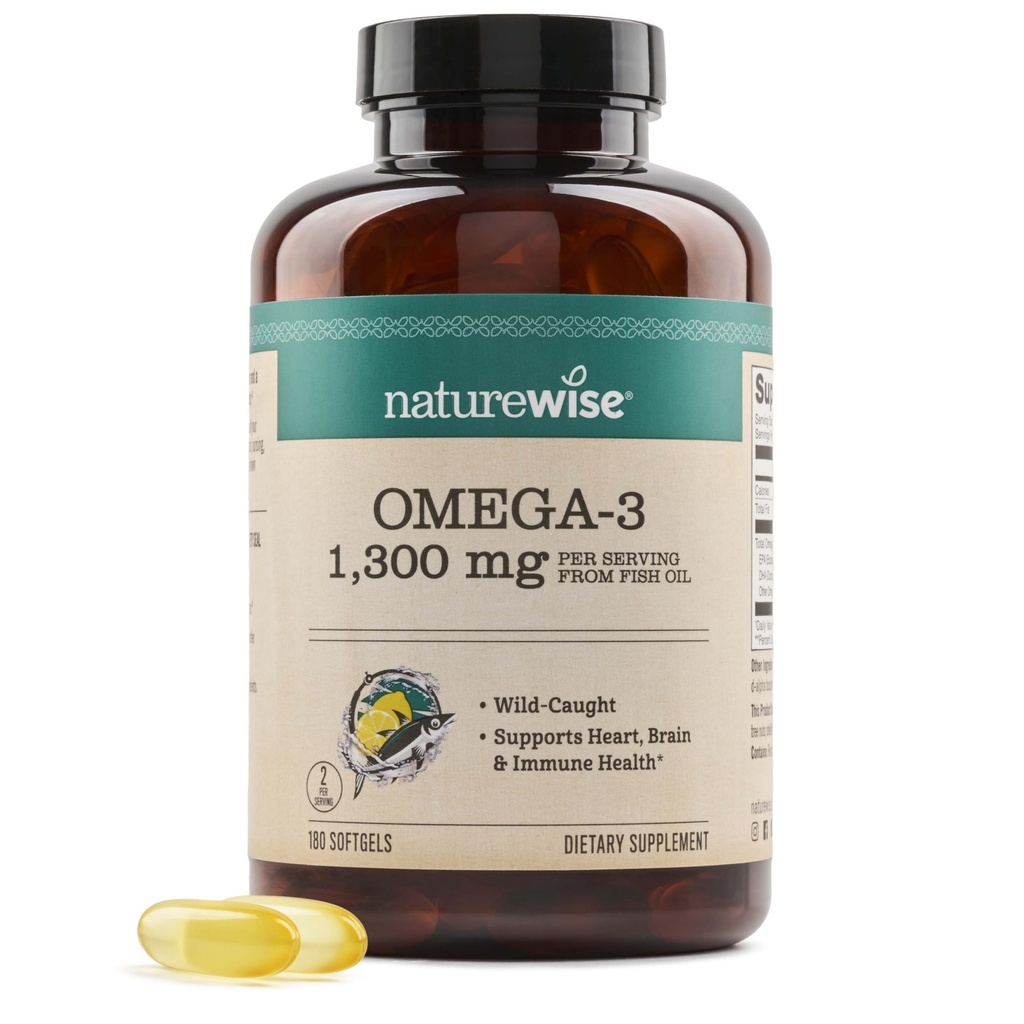 NatureWise Ultra Omega 3 Fish Oil 2200 mg - Triglyceride Form - Lemon Flavor - 野生捕捉鱼油 + EPA & DHA - 支持脑和心脏健康 - Burpless,非GMO - 180 Softgels [3-Month Supplement]