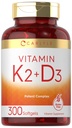 卡莱尔维生素K2 D3 Supplement → 300 Softgels → 200mcg K2 MK7 和 10,000 IU D3 → Non-GMO, Gluten Free