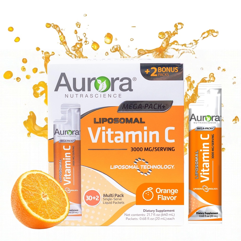 Aurora Nutrascience Liposomal 液体维生素C - 成人健康免疫辅助剂,无糖,每服3000毫克,Vegan,Gluten Free,N-GMO - 32个单一服务包,橙色