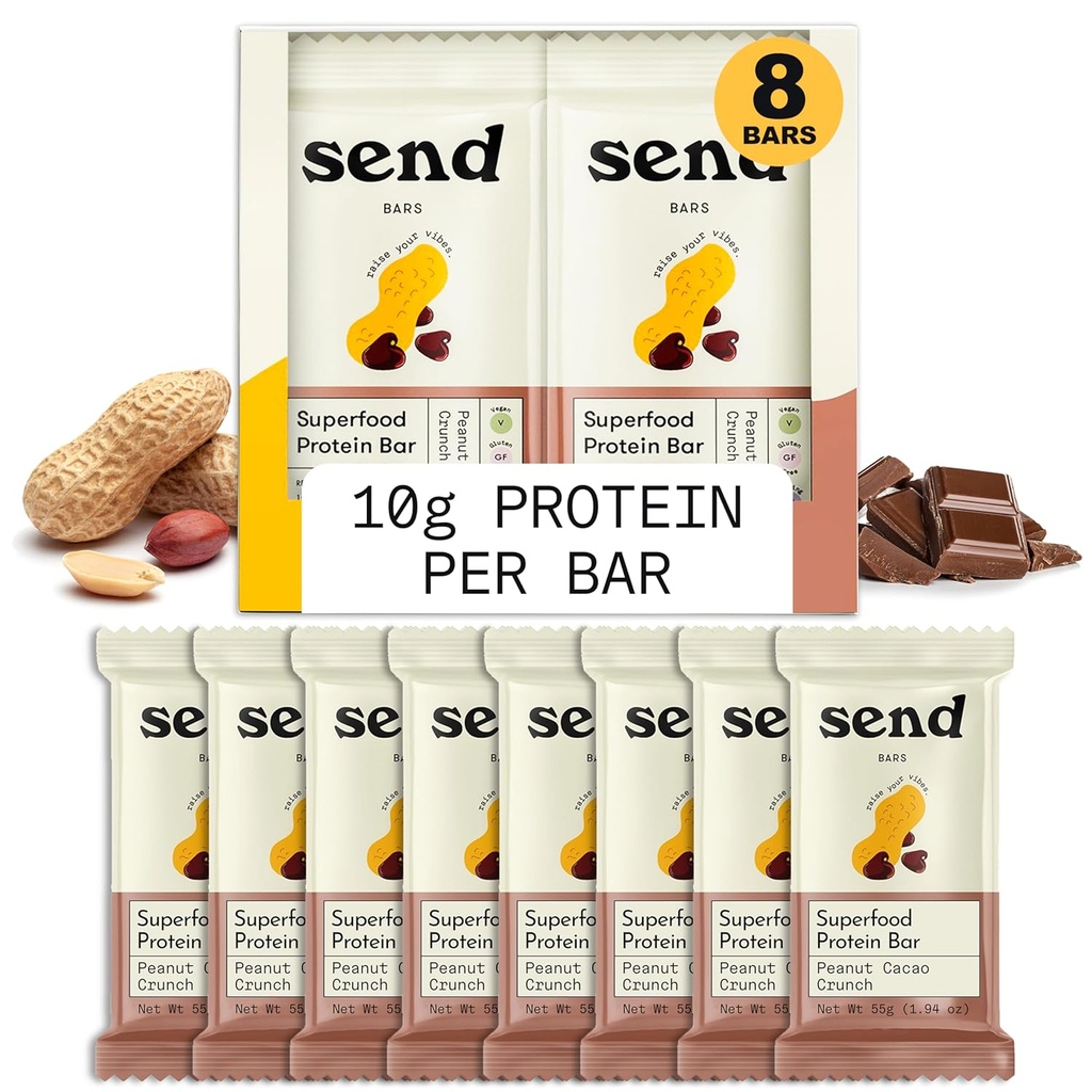 发送基于巴斯植物的维根健康蛋白棒,带有绿色(Peanut Cacao Crunch, 8 Bars) – 只有真正的成份,零添加糖,无胶,无乳品
