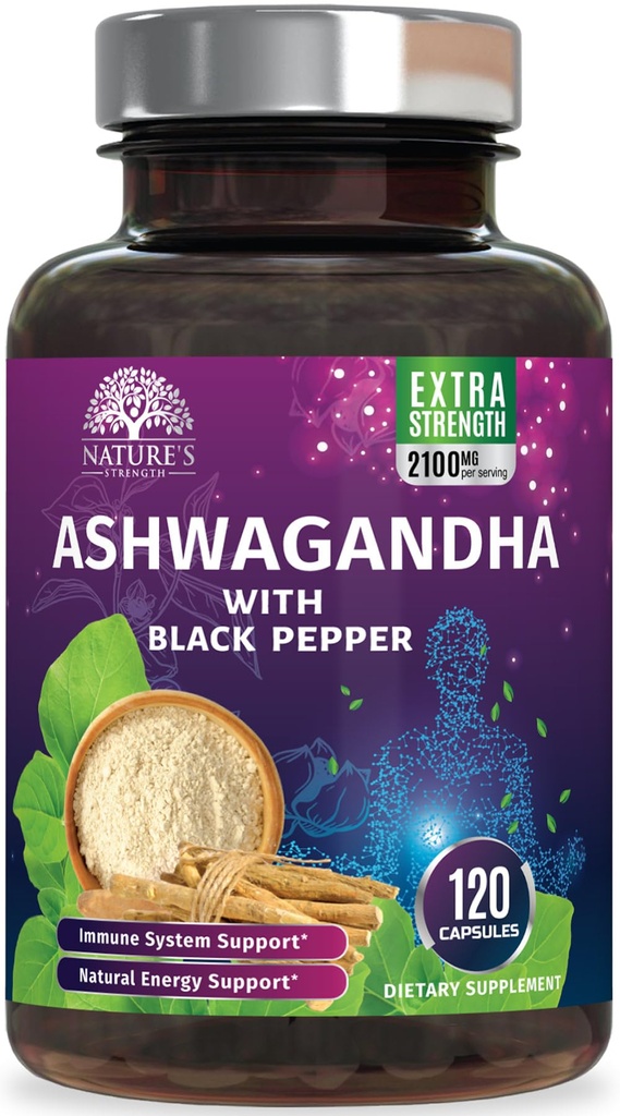 Ashwagandha 补充 2100mg - 外力 Ashwagandha Powder & root 提取与黑辣椒为Max吸收,草药抗氧化剂为男女补充,Vegan,Non-GMO - 120 Capsules
