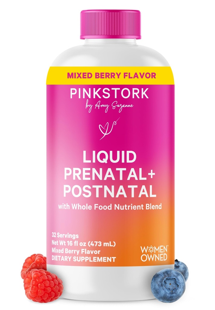 Pink Stork 妇女产前液体维生素 - Berry Flavor - 有机食品混合剂 - 生育率,妊娠,产后必需品 - 早间疾病支助 - 母乳喂养和哺乳 - 32次服务