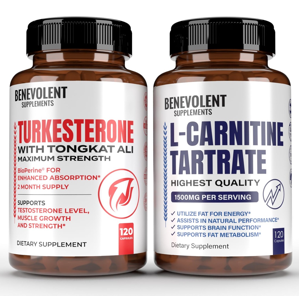 Turkesterone 8000mg [最高纯度] + Premium L-Carnitine 塔特拉特补充剂 - 与 Tongkat Ali 的高吸收性补充剂 - 增加 Stamina, Lean Muscle Growth, 支持代谢主义和天然能量