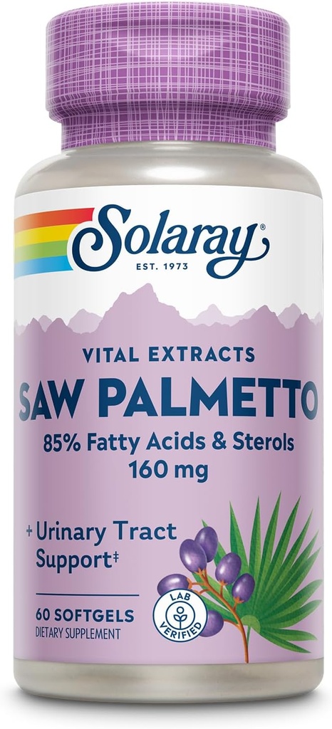 SOLARAY Saw Palmetto 提取 - 前列腺健康和尿道减肥支持 - 136毫克脂肪酸和施特罗尔 - 实验室验证,60天钱包保证(60种服务,60种软胶)