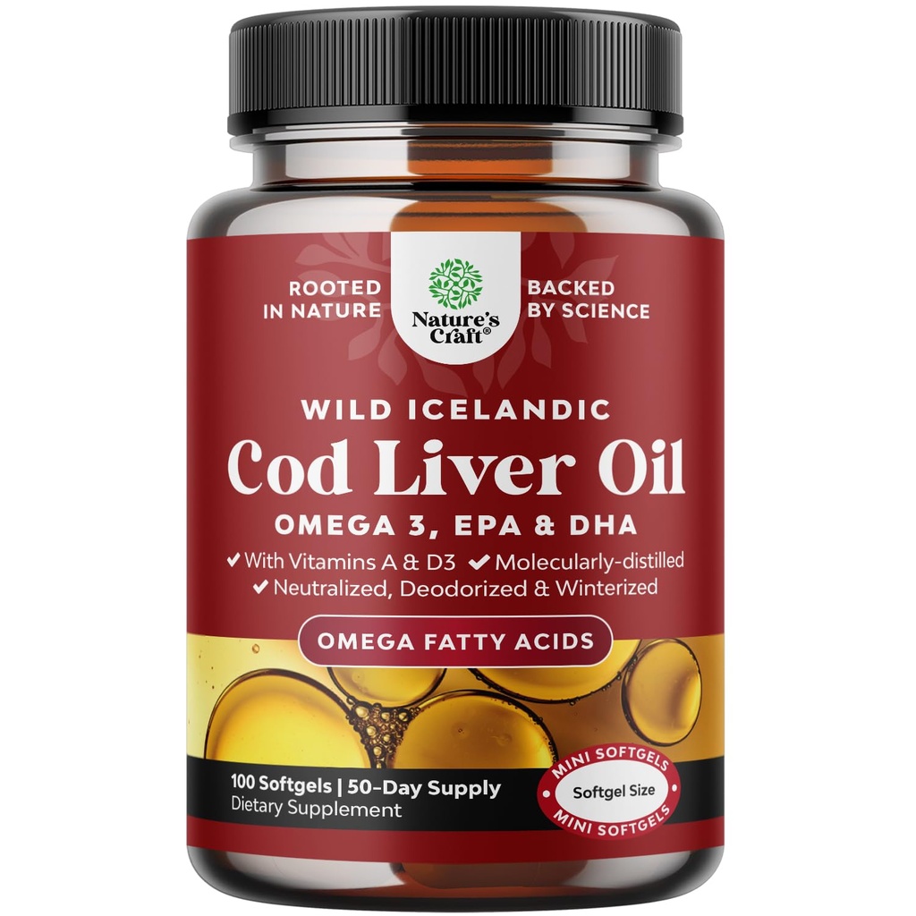 冰岛野生捕捉科德肝油软胶 - 鱼 Omega 3, EPA, DHA, 维生素D & A, 1000 mg Pervice - Brpless Capsules for Heart, Joe, Brain & Imune Supports - 100 Counter