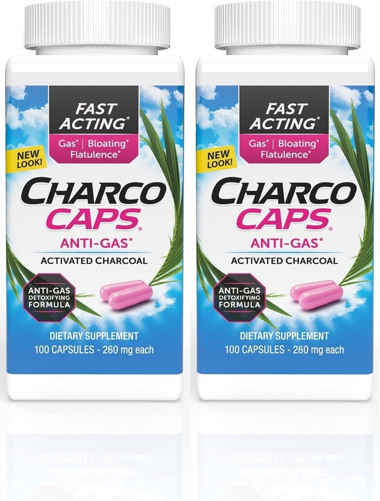 Charcocaps 快速代理气体减量促进布洛丁和平坦,药物无毒活性炭粉配方,100 Capsules,30天供应,粉色包2