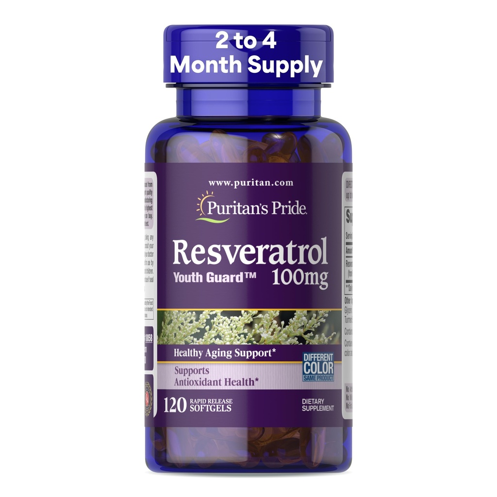 清教徒的荣耀 Premium Resveratrol Youth GuardTM 100mg, 免疫系统膳食补充剂、抗氧化剂、糖代谢剂、血液流动和血管功能支持,120 快速释放软胶