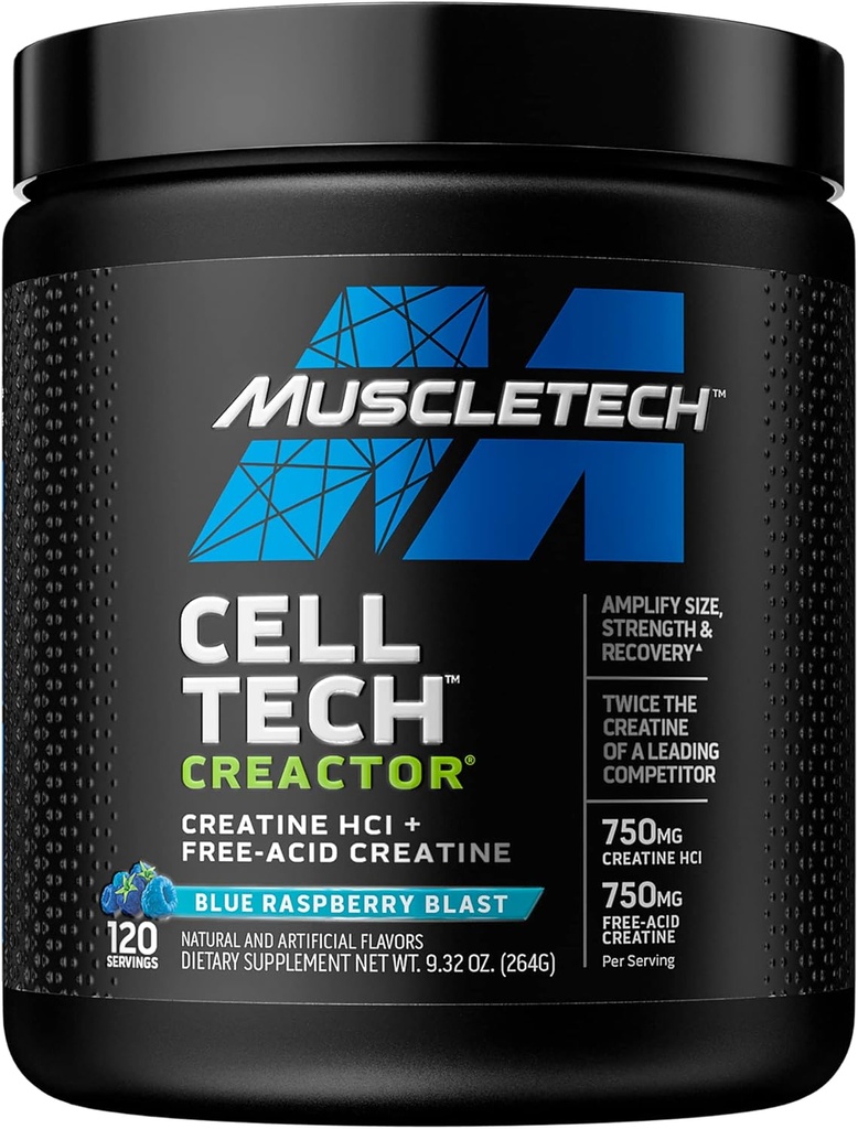 Creatine Powder – 肌肉科技细胞- 技术 Creactor – Creatine HCl 公式 – 男性和女性的肌肉构建器 → Creatine HCl + Free-Acid Creatine + Creatine 补充 → 蓝色的Raspberry blast, 120 services