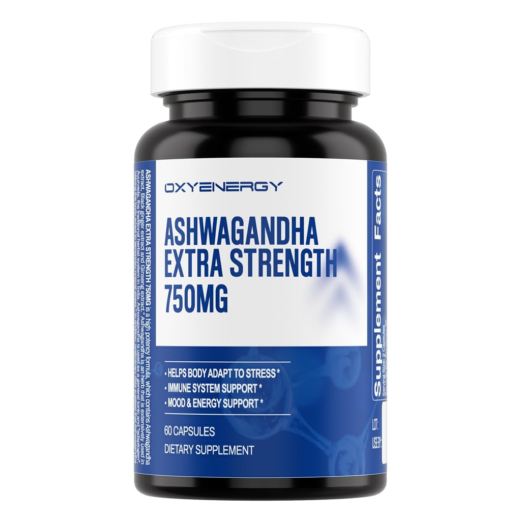 Oxy Energy Ashwagandha Extra Power-750mg-压力救济-免疫和能源支持-Gluten,奶油和大豆自由-60卡普尔