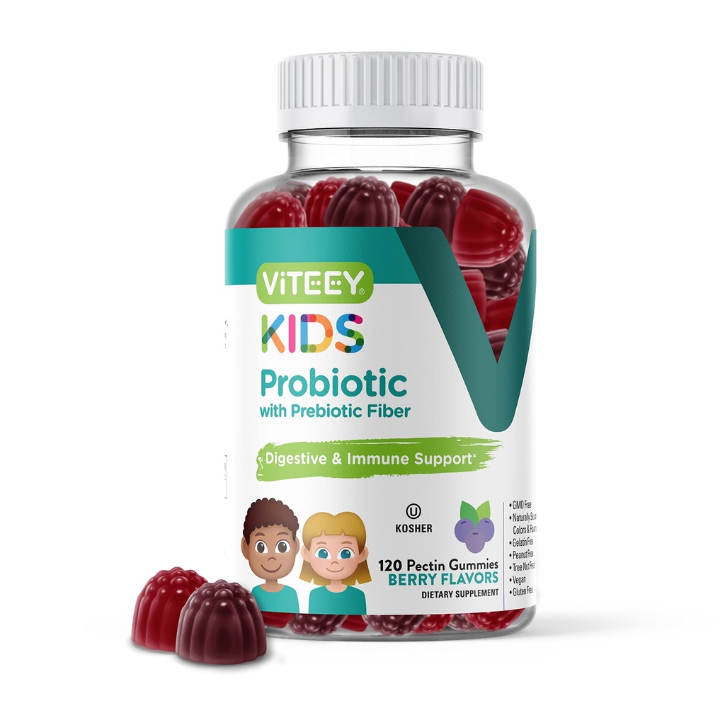 Viteey Probiotic Gummys for Kids Plus Prebiotics Fiber - 2亿 CMUs - 消化健康,Gut健康,儿童辅助的便秘救济 - Vegan, Gelatin Free - 可口可乐 Probiotic Berry Flavored