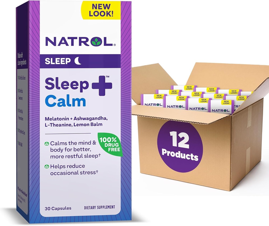 Natrol Sleep+ calm Melatonin 6mg 与 Ashwagandha, L- Theanine 和 Lemon Balm, 休息和平静心灵的饮食补充, 30 Capsules, 30天供应(12包)