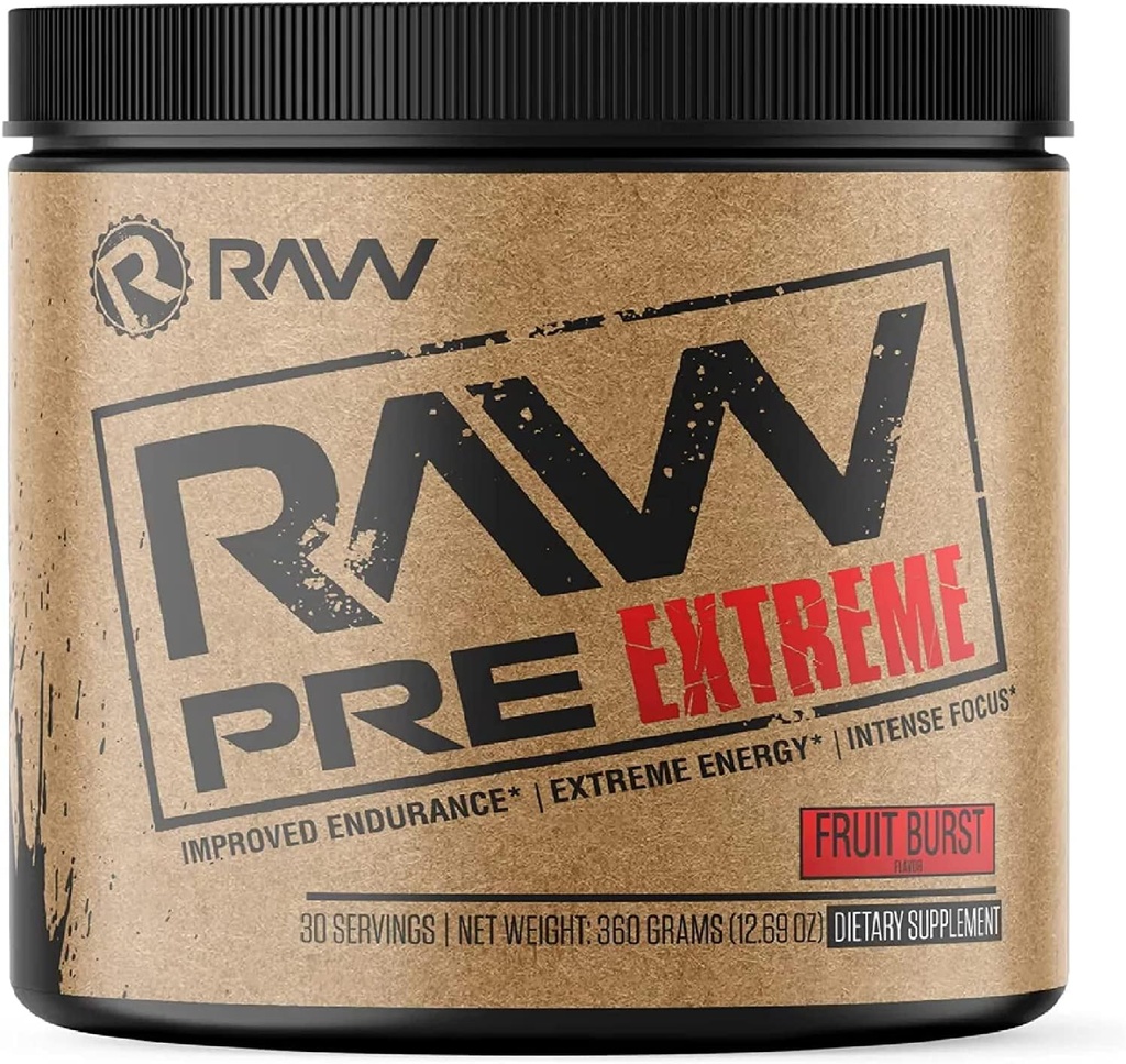 RAW 工作前 极端兴奋剂 高兴奋剂 工作前饮料 极端能量 重点和耐力 助推器 爆炸力和泵 在工作期间 Max Gains QQ水果桶(30架)
