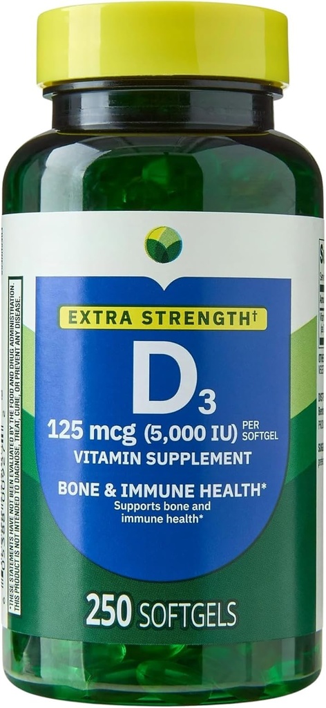 Vitamin D3 5000 IU (125 mcg) Softgels – High Potency Vitamin D Supplement – Supports Bone & Immune Health – Easy-to-Swallow – 250 Softgels
