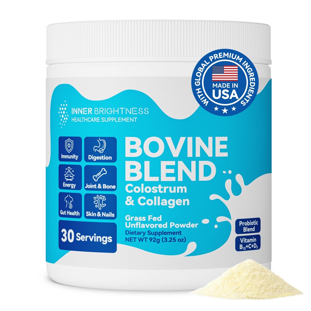 Inner Brightness Bovine Colostrum & Collagen Powder for Gut Health, Immune Support, Hair Growth & Beauty Supplement, Sugar Free – IgG, Probiotics, Vitamin B12, C, D3 – Unflavored, 30 Servings