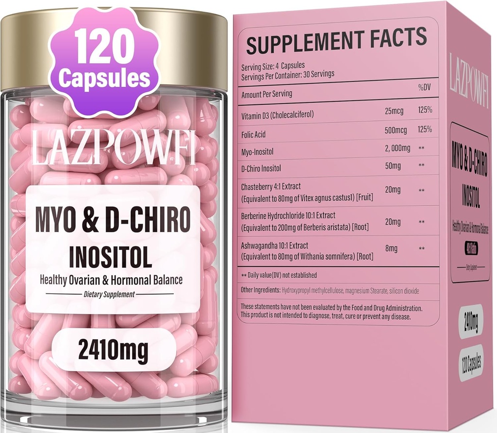 Inositol 补编 – Myo-Inositol & D-Chiro Inositol 配有 Chasteberry, Berberine & Ashwagandha – 理想 40:1 与 Folate & Vitamin D 混合 – Vegan 女性健康公式 – 120 Capsules