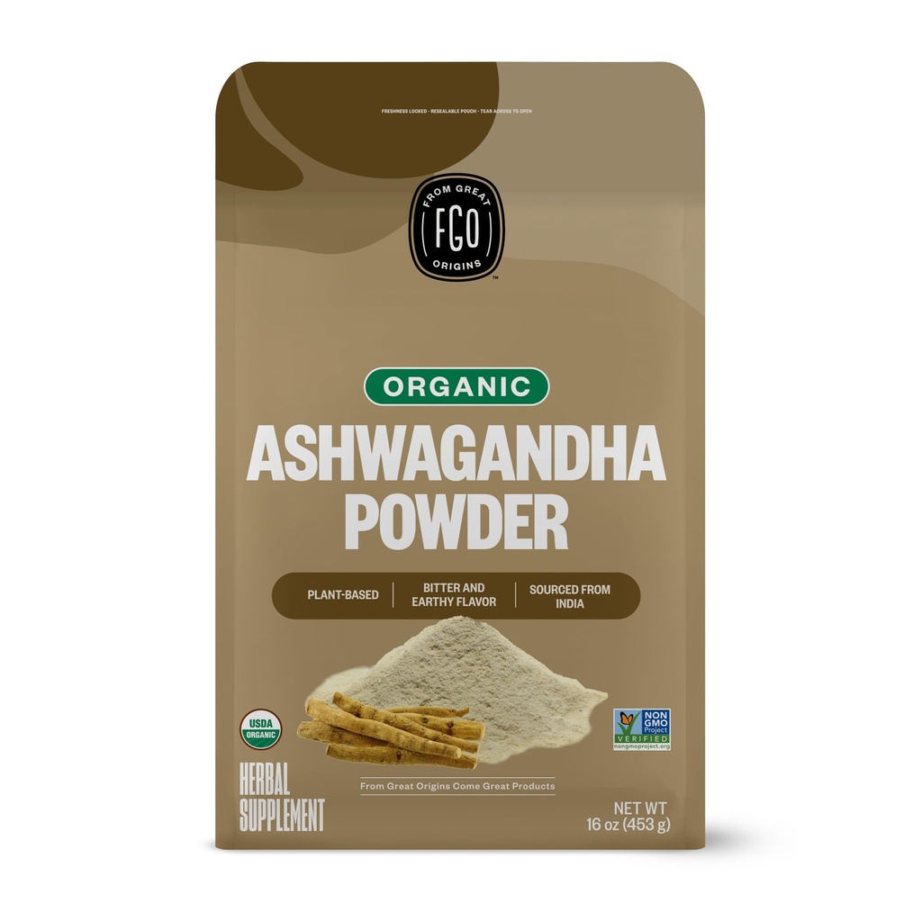 FGO 有机Ashwagandha 根粉,16oz 可贮性散装袋,非GMO,印度金森,Withania Somnifera,来源于印度(Pack of 1)