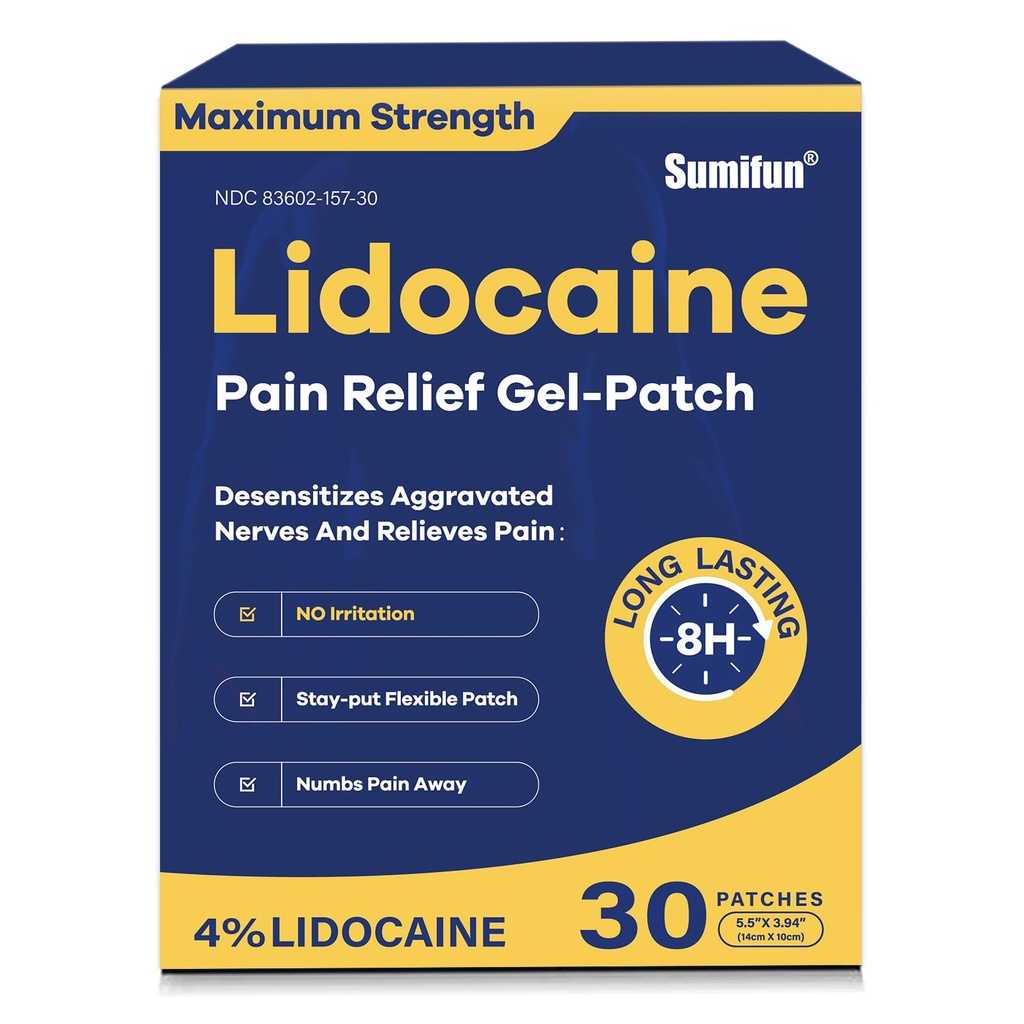 Sumifun 4% Lidocaine 止痛补丁 30 最大强度 Nubing Gel 补丁 后膝颈 联合肌肉骨骼 骨骼 骨骼 骨骼 主题 止痛药 FSA 或 HSA 合格
