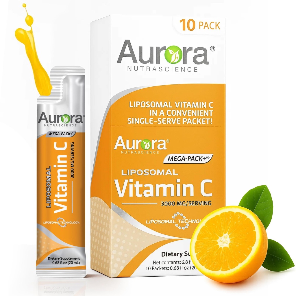 Aurora Nutrascience Mega-Pack Liposomal Vitamin C, 免疫支持, 3,000 mg per service, Vegan, Gluten Free, 非GMO, 10 单服务包, 橙色