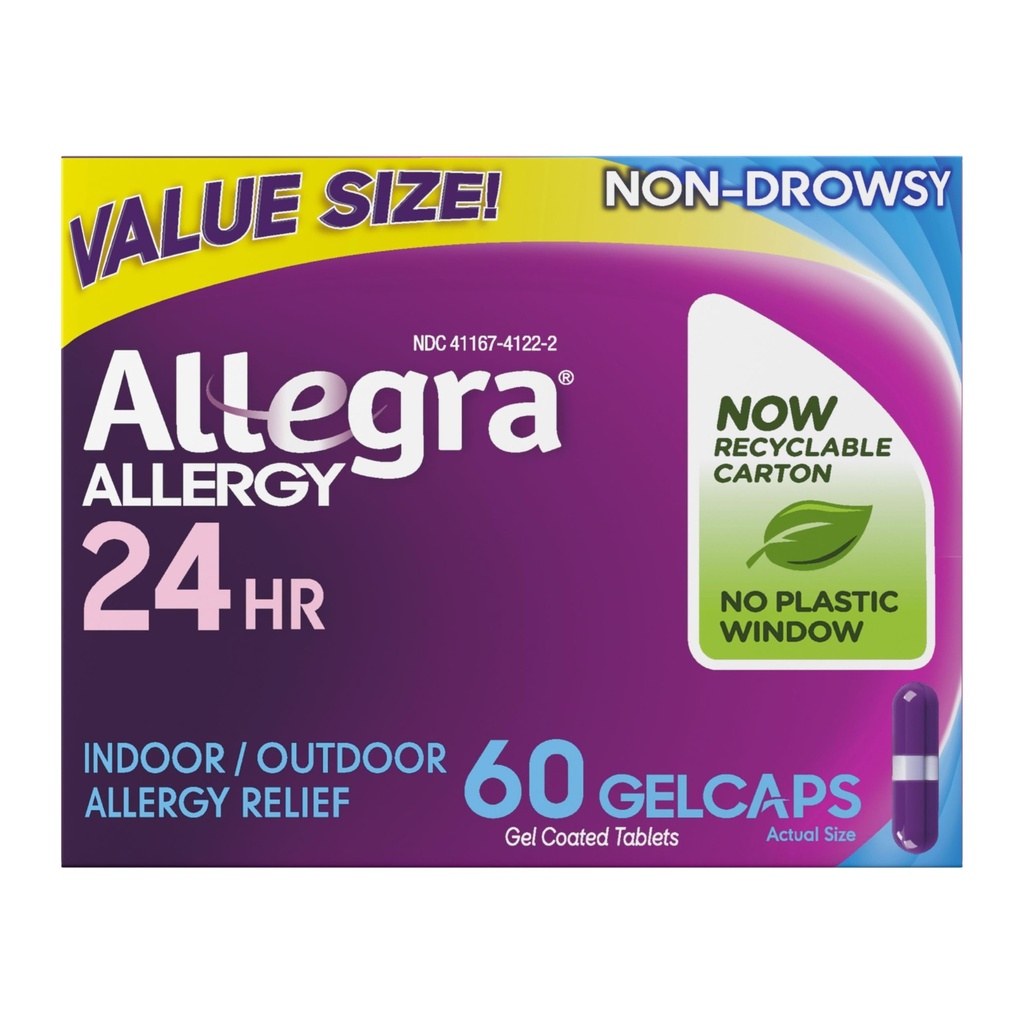 Allegra 成人24Hour过敏性缓解Gelcaps、非疲劳室内和室外过敏性医学、180毫克Fexofenadine HCI 抗希斯胺药,60-Count
