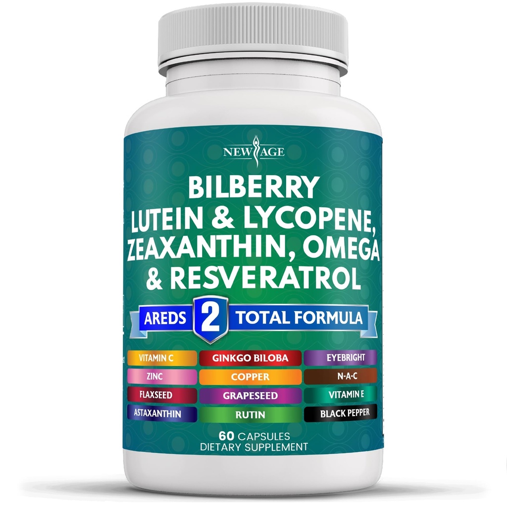新AGE眼保健维生素与Bilberry Lutein & Zeaxanthin Lycopene Resveratrol Grape种子 Astaxanthin - 眼维生素 - 60 计数
