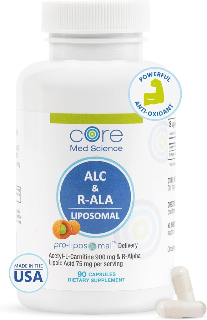 核心医学 Liposomal ALC & R-ALA 补充 Capsules - Acetyl-L-Carnitine (900mg) & R-Alpha Lipoic Acid (75mg) - 促进能源与焦点 - 支持精神功能与记忆认知 (90 Counter)