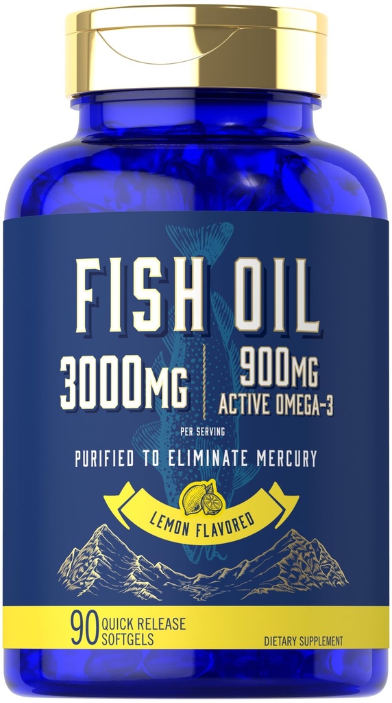 卡莱尔鱼油 3000mg → 900mg Omega 3 → 90 软胶 → Lemon Flavor → 非GMO 和 Gluten 免费补充品