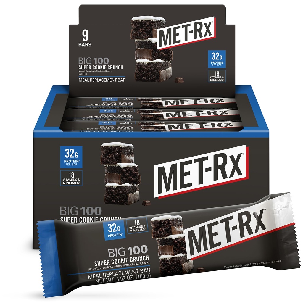 MET-Rx Big 100 蛋白质吧, 换餐吧, 32G 蛋白质, Super Cookie Crunch, 9 Bars (Pack of 1)