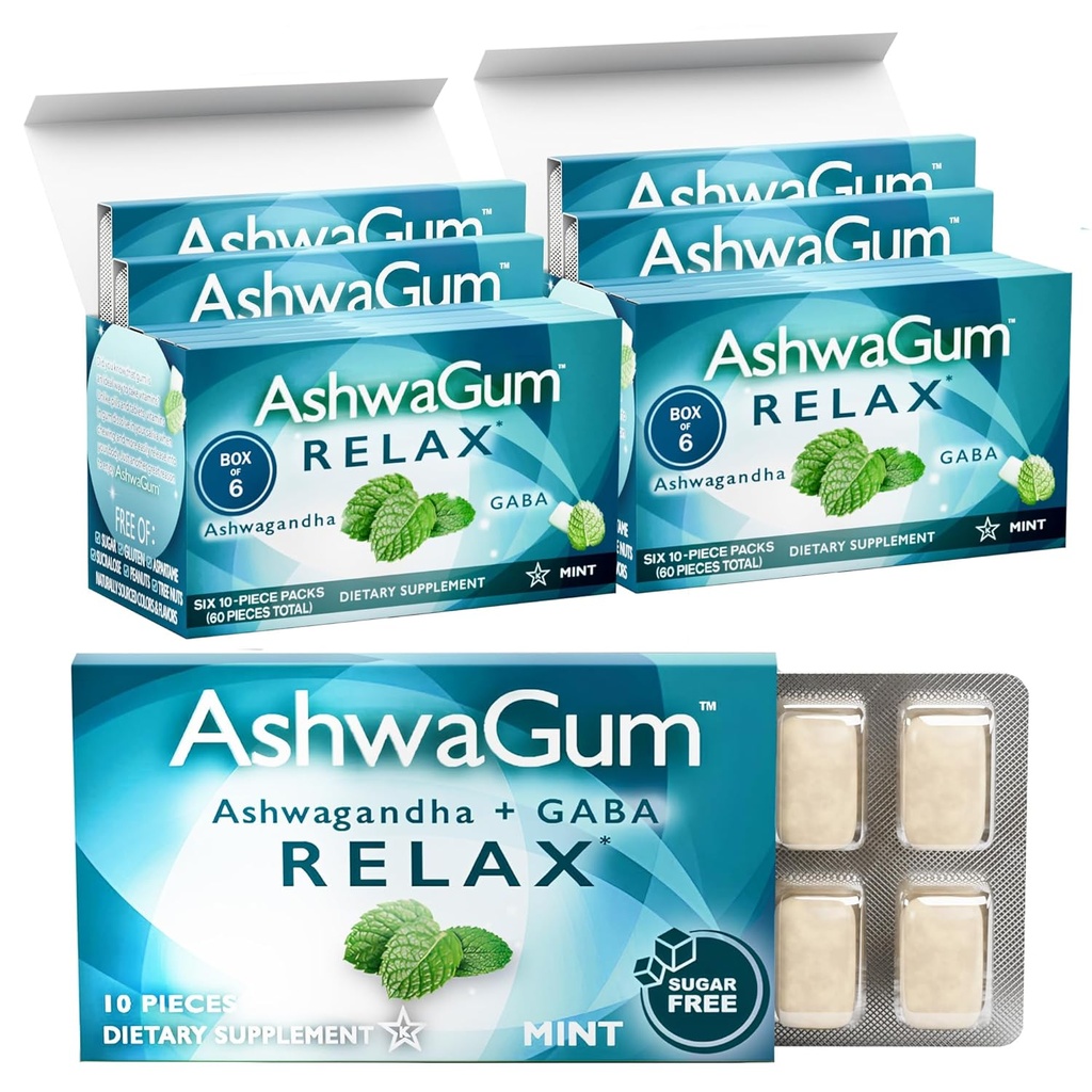 AshwaGum RELAX Gum by BetterGum, 高潜力补编,与KSM 66 Ashwagandha和Gaba, 支持压力和紧张救济, 替代Gummy, 无糖, 包装2