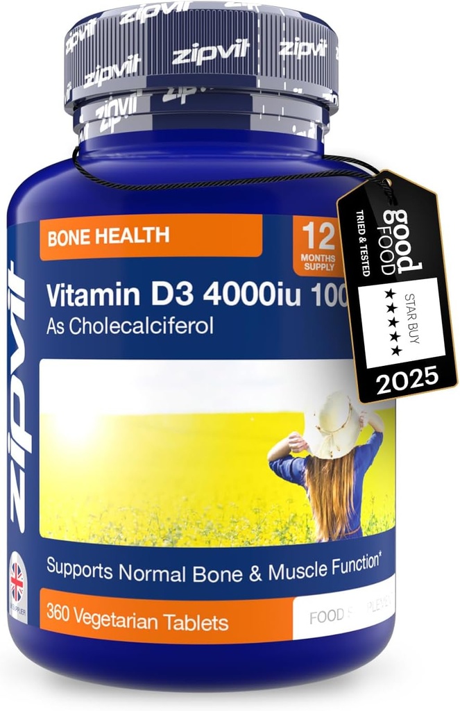 Zipvit 维生素 D3 4000iu x 360 片 - 高强度维生素 D - 支持骨骼和肌肉功能 - 维护免疫系统 - 蔬菜 - 12个月供应