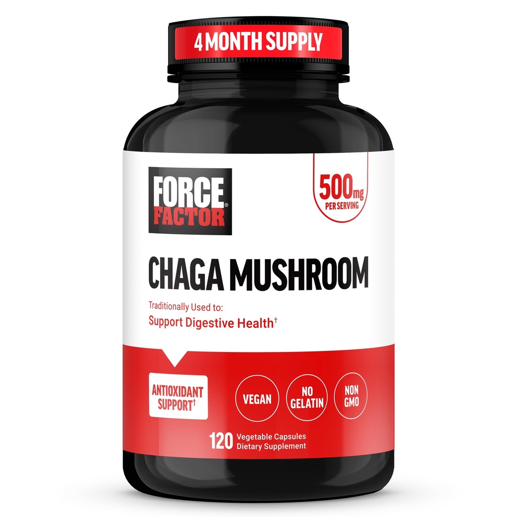 FORCE FACTOR 查加蘑菇 Capsules,支持口服健康和消化的蘑菇补充剂,用真蘑菇制成,Vegan,Non-GMO,120 Capsules